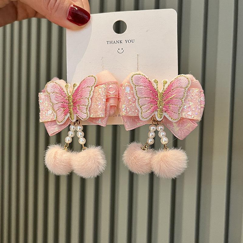 Red New Year Pearl Tassel Pompon Hair Clips for Children - Hanfu Style