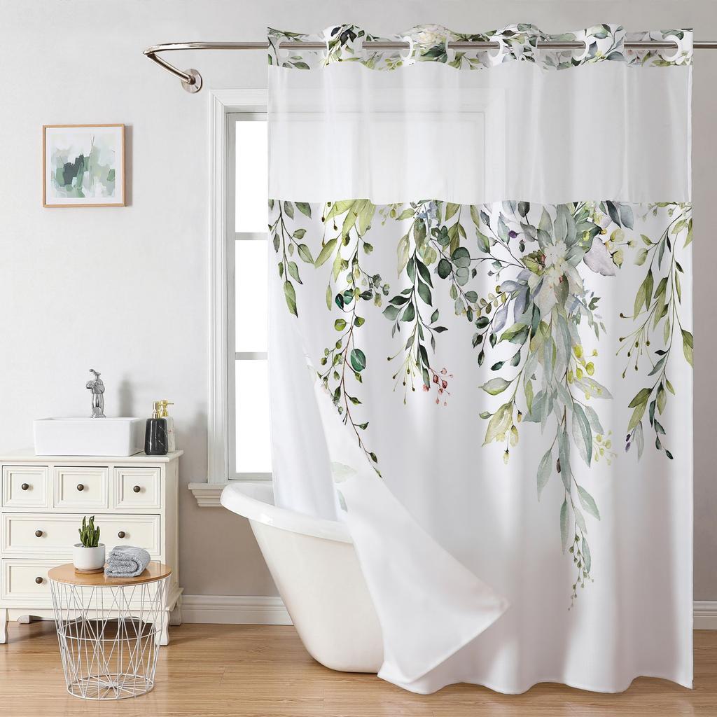 1PC No Hook Double Layer Shower Curtain Waterproof Removable Lined Leaves Plants Modern Bathroom Decorative Shower Curtains