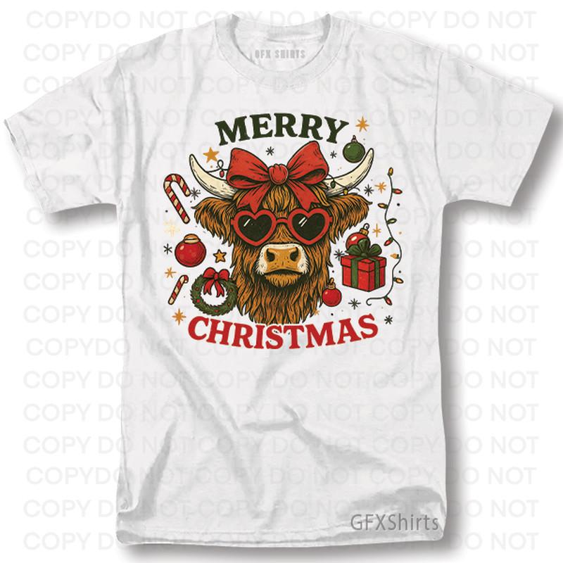 Merry Christmas Highland Cow Shirt Classic Cute Winter Gift Novelty T-Shirt XL