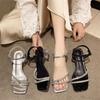 Transparent Thick Heel Medium Heel Sandals Women's Summer 2025 New High-end Niche Word with Crystal Rhinestone Sandals