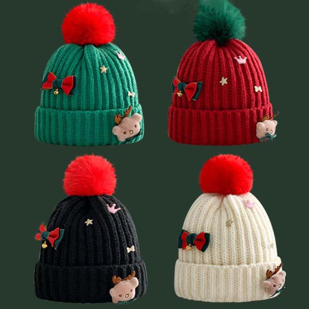 Bow Christmas Plush Cap Warm Big Pullover Hat Versatile Thickened Brimless Cap Women