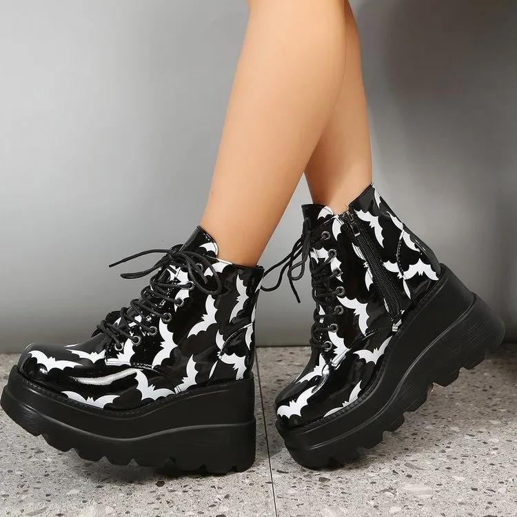 

Large size round head casual autumn and winter thick-soled lacing side zipper short boots foreign trade lacing platform shoes 35