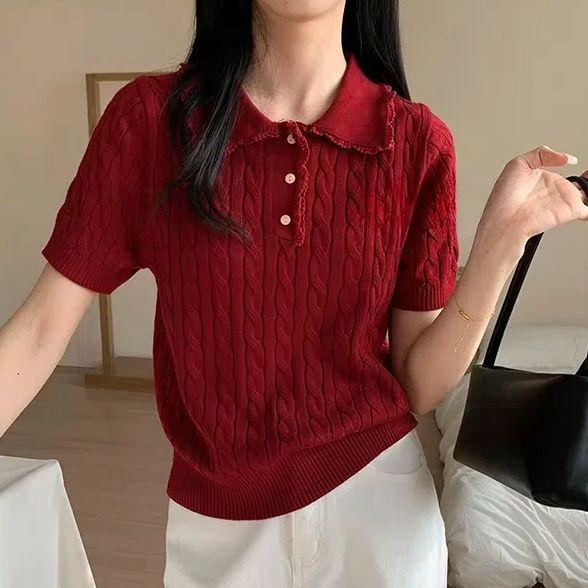 

Вязаный топ в стиле пэчворк с кружевной отделкой - Коллекция Весна 2025 M красный