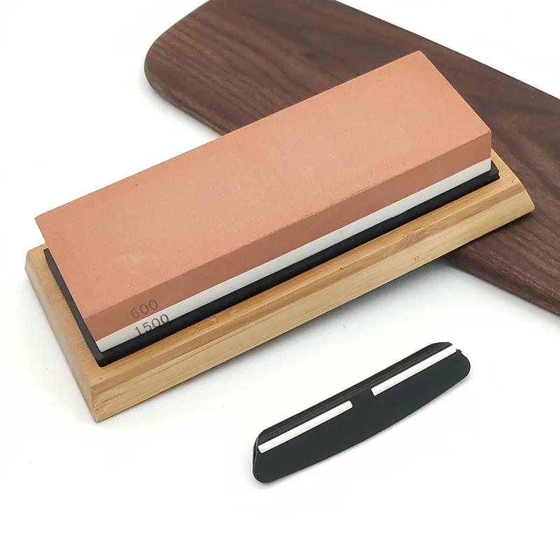 Double-sided Whetstone 600/1500 Grit With Bamboo Base and Angle Guide Set Knife Sharpener Sharpening Stone Blade Sharpener