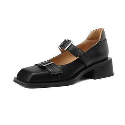 Krazing Pot Full Grain Leather Square Toe Med Heels Autumn Summer Shoes Silver Metal Buckle Women Mary Janes Pumps