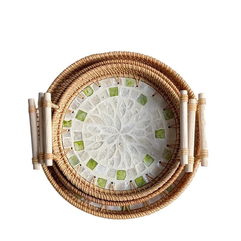 Tabletts zum Servieren von Speisen Serviertabletts Snacktablett Nachmittagstee-Tablett Teller Dessert Rattan Obst Trocken Gericht Süßigkeiten Teller Kuchen Zuhause