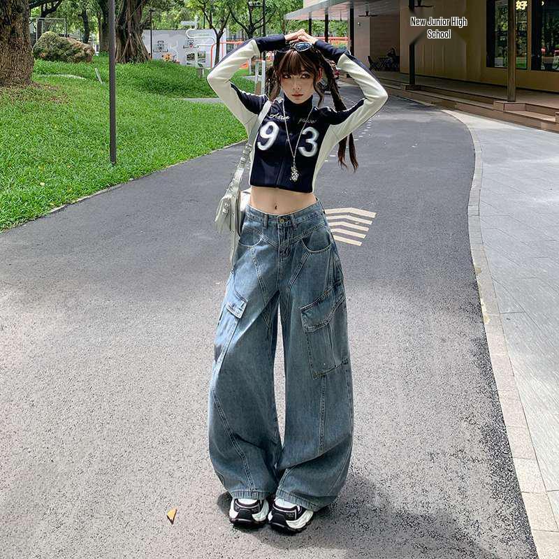 American Retro High-Waist Patchwork Wide-Leg Workwear Pants XS