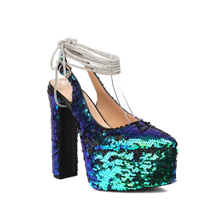 

Женские туфли с золотыми и зелеными пайетками, сексуальные туфли на высоком каблуке и массивной платформе, блестящие серебристые туфли с блестками белого цвета 38