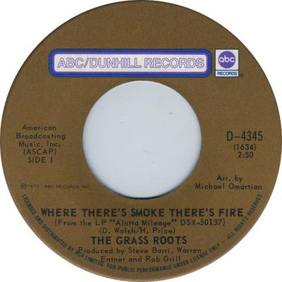7inch Record GRASS ROOTS - Where There's Smoke There's Fire D4345 ABC DUNHILL 1973 Canada Rock Used