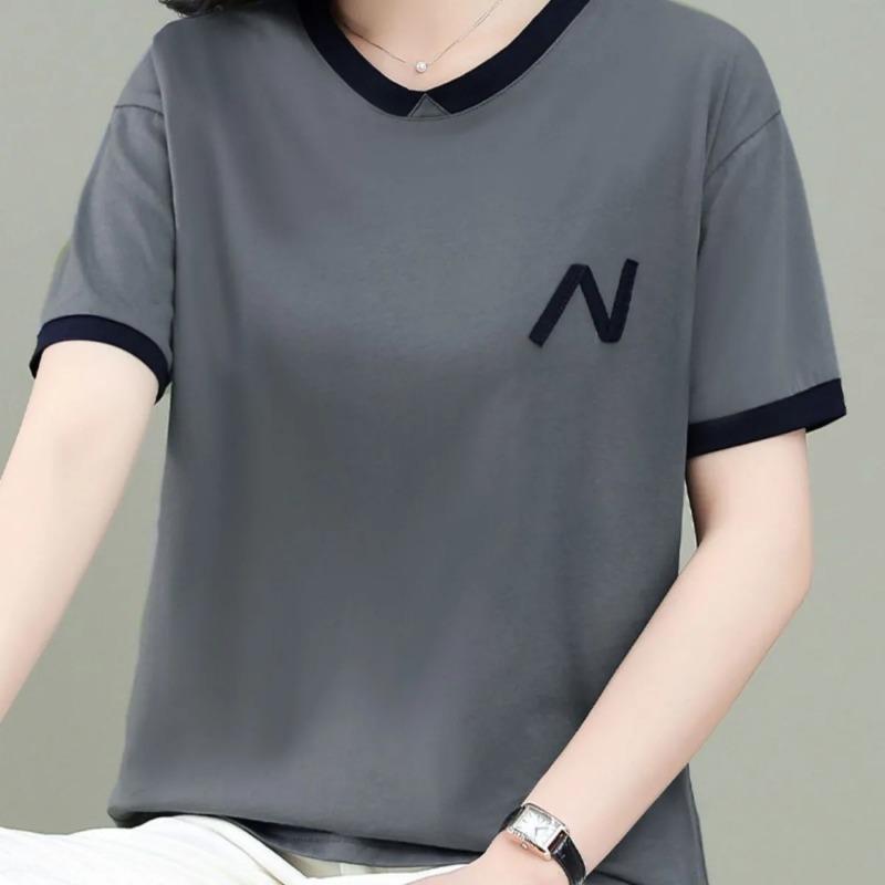 Women Grey Contrast Trim Short Sleeve T-Shirt With Letter Embroidery L серый