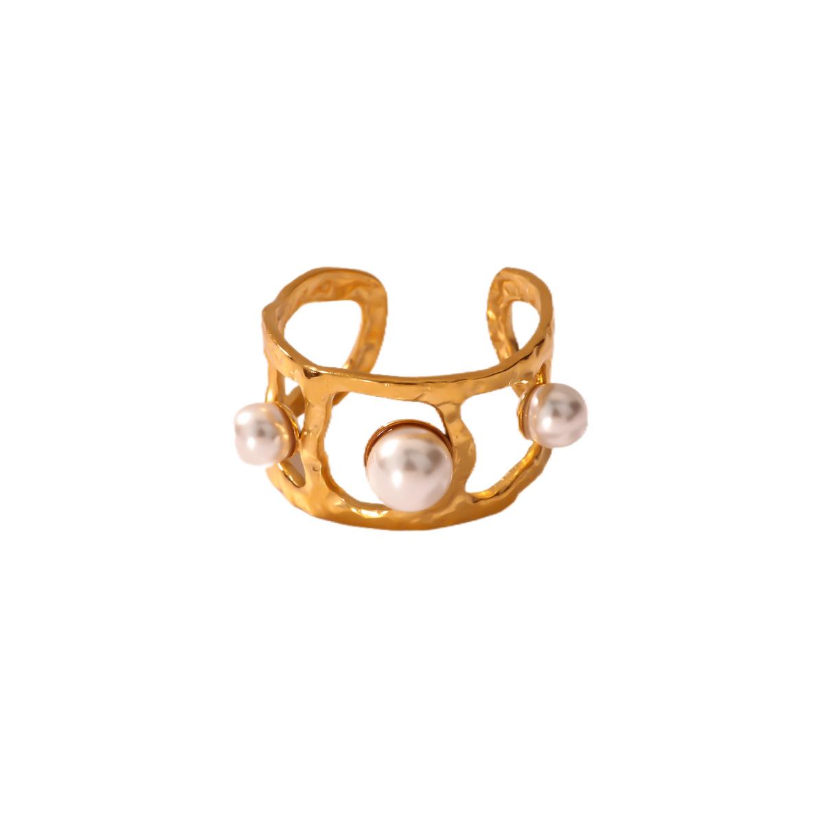 

Vintage Imitation Pearl Hollow Geometric Rings For Women Gold Plated Stainless Steel Ring Christmas Party Jewelry Gift resizable