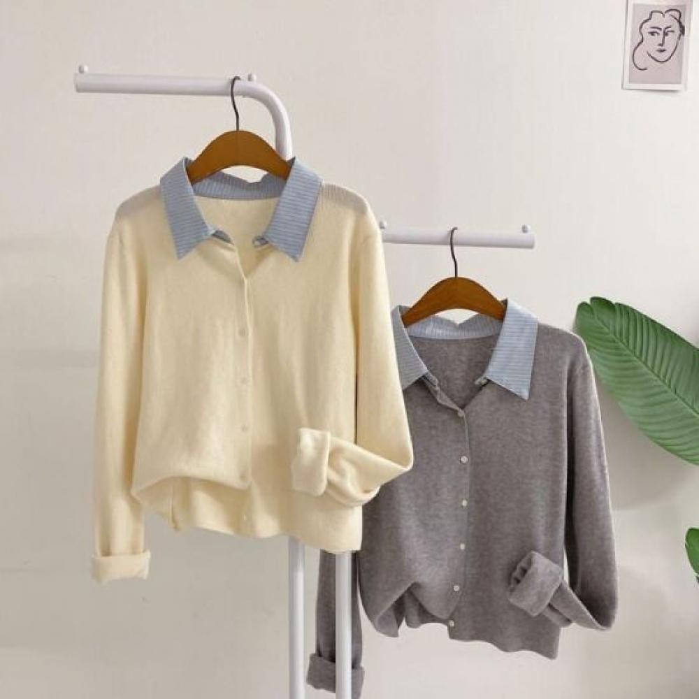 Honey J Ball Bit Stripe Shirt Collar Layered Knit Cardigan 2 Color