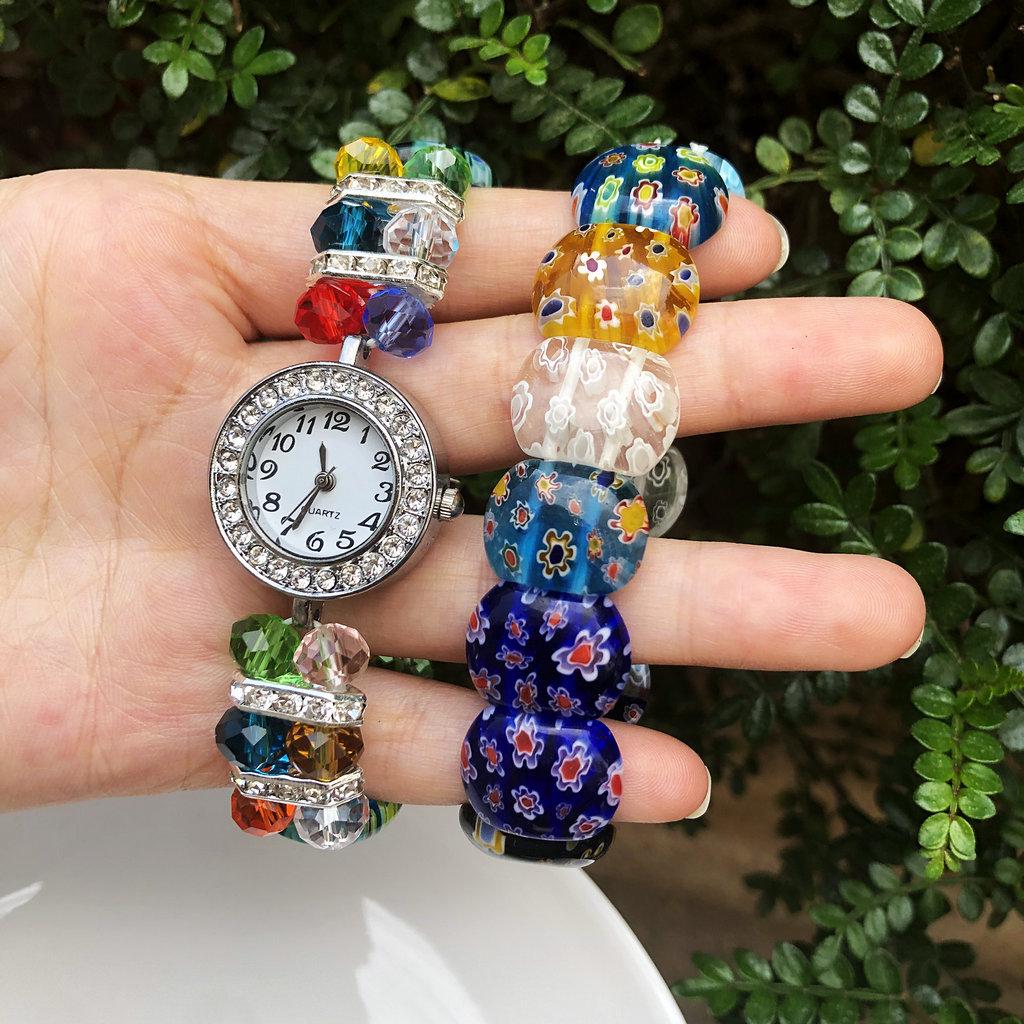 Women's Trendy Colorful Thousand Flower Bracelet Watch with Diamond Inlays