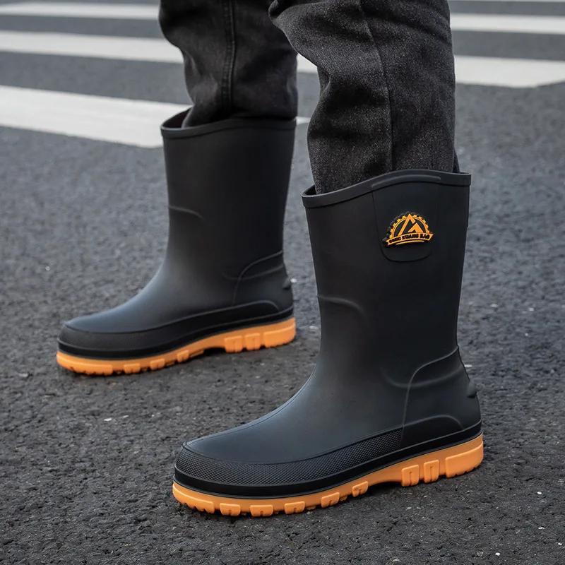 Men's Rain Boots Fashion Mid Calf Rubber Boot Non Slip Fishing Boots for Men Waterproof Work Safety Galoshes Botas Lluvia Hombre