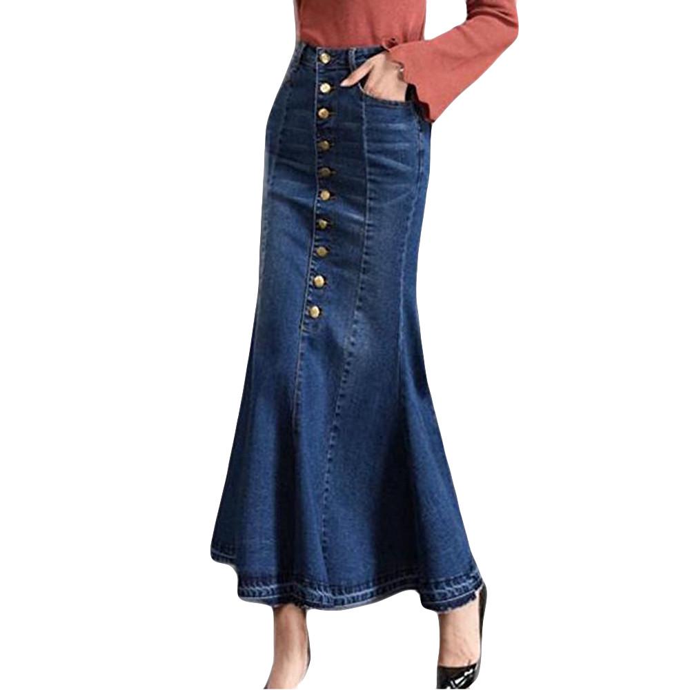 button front fishtail hem denim skirt