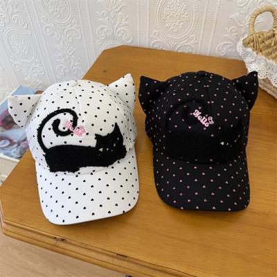 Cute Cat Ear Baseball Cap With Embroidered Heart Polka Dot Design Womens Adjustable Sun Hat