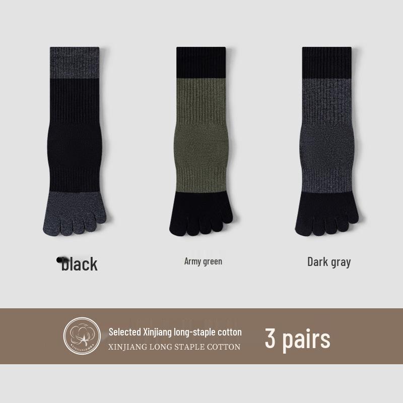 Men's Sports Cotton Five-Toe Socks: Sweat-Absorbent, Anti-Odor, Mid-Calf, Solid Colors, Autumn Collection.