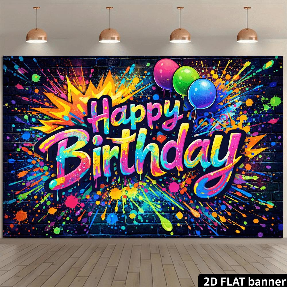 Tecido de Fundo para Festa de Aniversário Graffiti em Plano 2D - Efeito Vibrante de Salpicos de Tinta Spray - Texto Feliz Aniversário