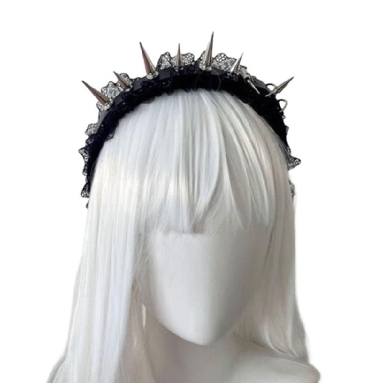 Stylish Punk Gothic Hairband Styling Accessory Hairhoop Rivet Studs Lace Trim Strong Hold Headwrap For Costume Event