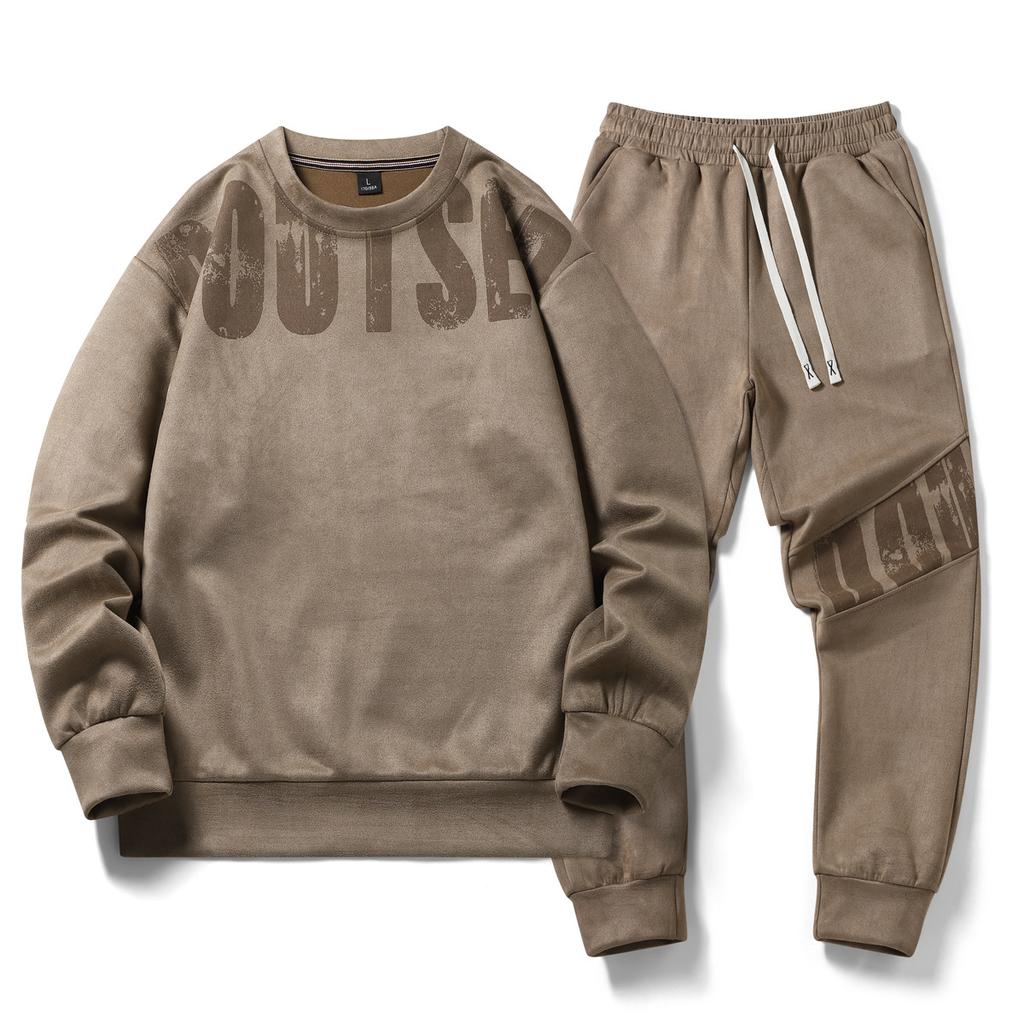 Eğlence Spor Takım Elbise Erkek İlkbahar ve Sonbahar Yuvarlak Boyun Kazak Gevşek İki Parçalı Set