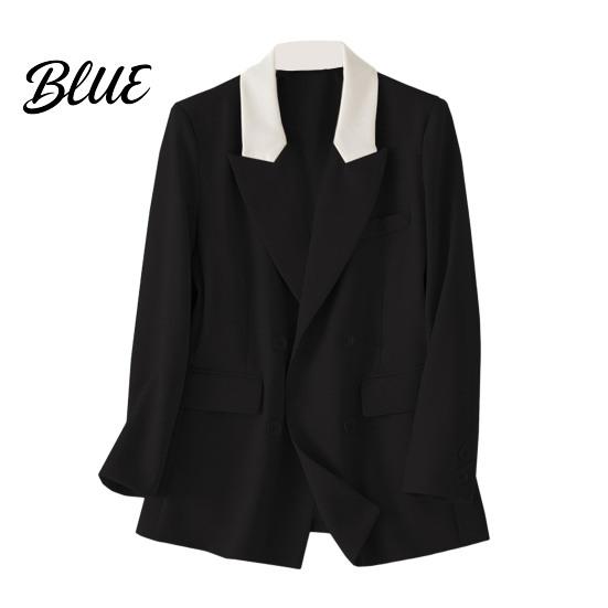Versatile Basic Suit Jacket Women Casual Coat Notched Lapel Long Sleeve Patchwork Color Double Breasted