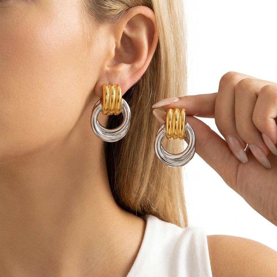 

Stainless Steel French Style Two Tone Hoop Earrings for Women Minimalist Mixed Metal Chunky Double Circle Earring Party Jewelry