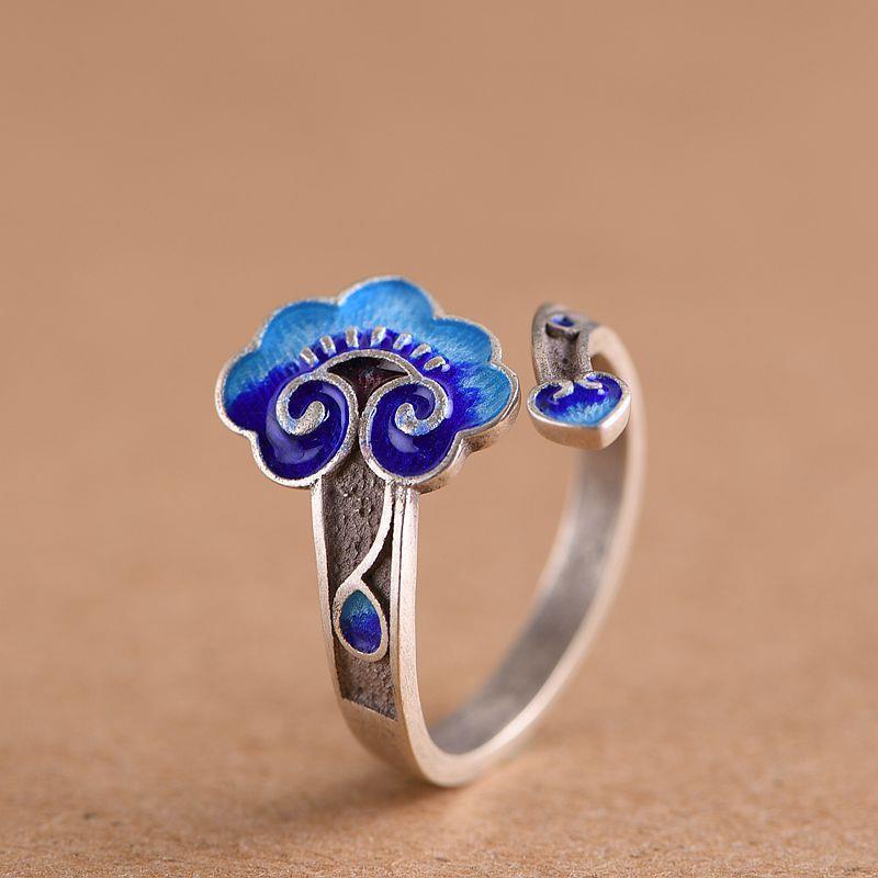 Women's Retro Blue Auspicious Clouds Ruyi Enamel Open Ring