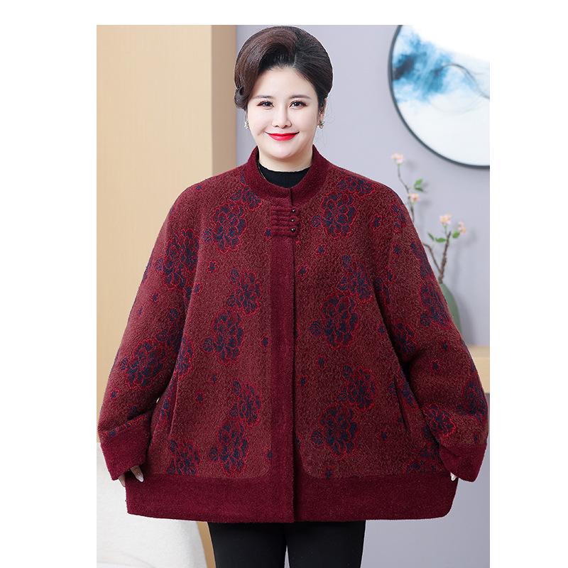 Stylish Plus Size Fleece-Lined Jacket for Middle-Aged and Elderly Women, Warm Cardigan for Moms, Fits Up To 200 Jin
