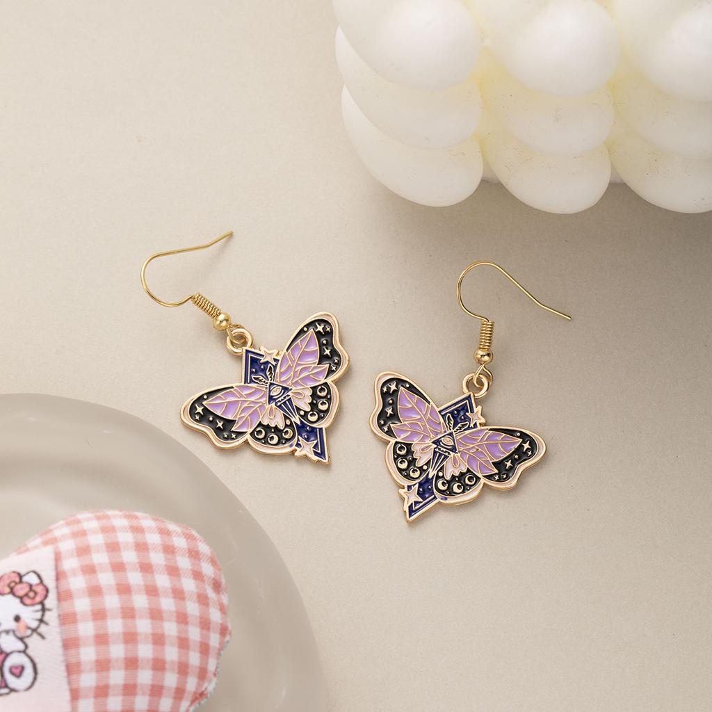 Dark Wind Oil Butterfly Earrings, Creative Design Sense Alloy Star Moon Moth Ear Hook Earrings Women