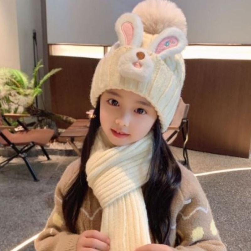 Set din două piese de căciulițe drăguțe cu urechi de iepure și eșarfe pentru copii, căciulițe tricotate din lână pentru fete pentru iarnă și căciulițe calde pentru protecția urechilor