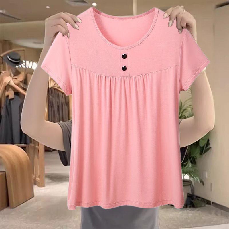 This Summer's New Versatile Foreign-style Button Design Pullover Short-sleeved Top Large-size Women's Loose Clothing
