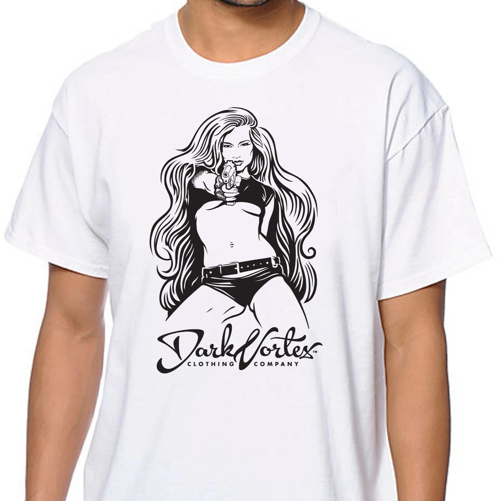 PINUP GIRL WITH GUN T-Shirt - DARK VORTEX BRAND - White Shirt - 100% Cotton XXXXL