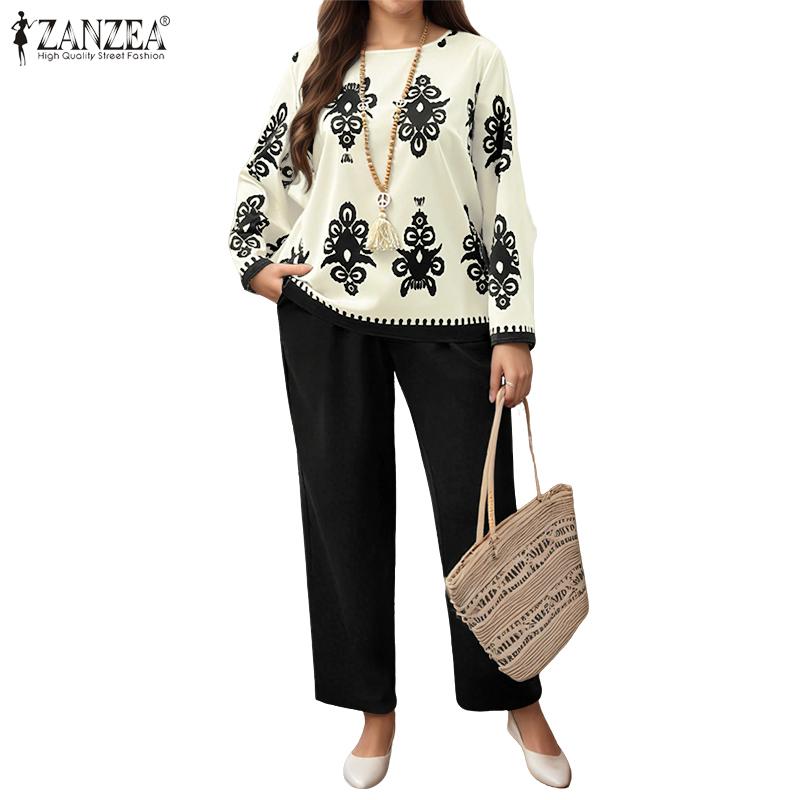 ZANZEA Women Long Sleeve Print Blouse and Pants Casual Two Piece Suit Sets