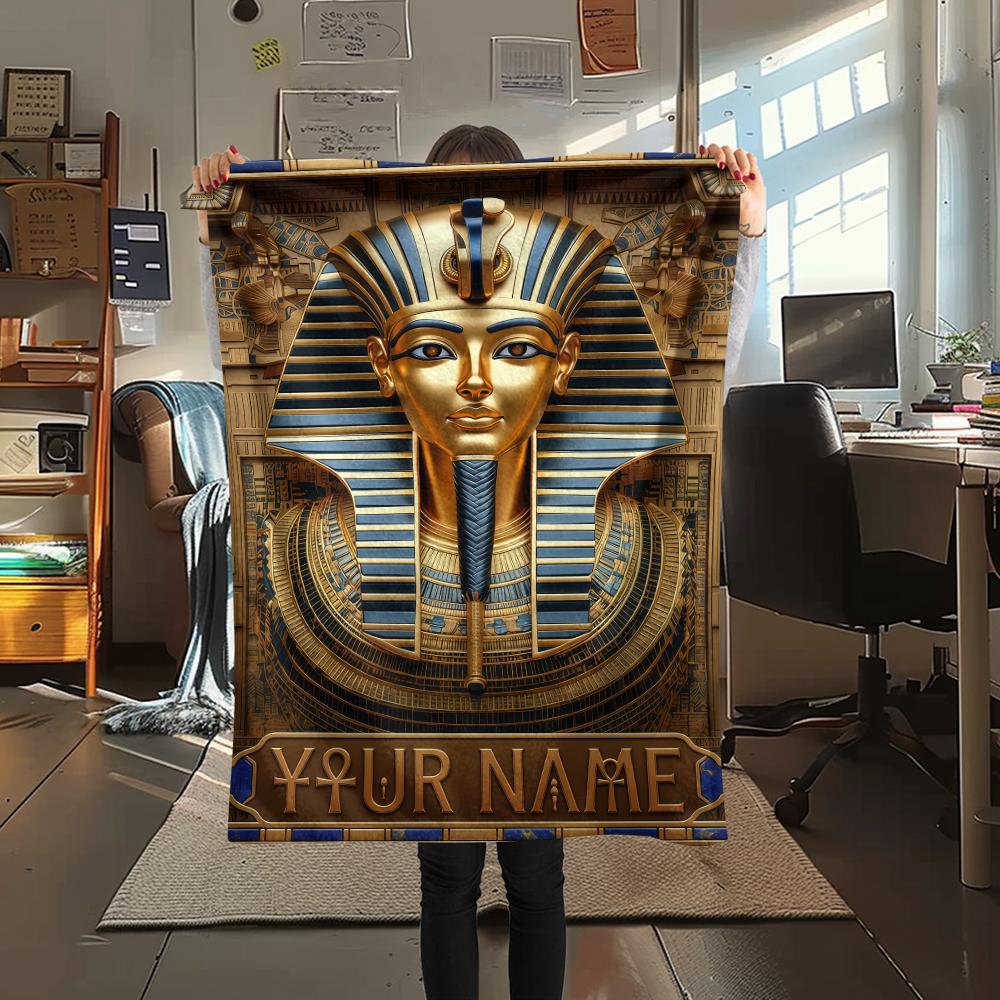 1PC Custom Name Golden Egyptian Pharaoh Patterned Flannel Blanket Suitable For All Seasons for Home Decor Warmth and Comfort Gifts Holiday Present_lx