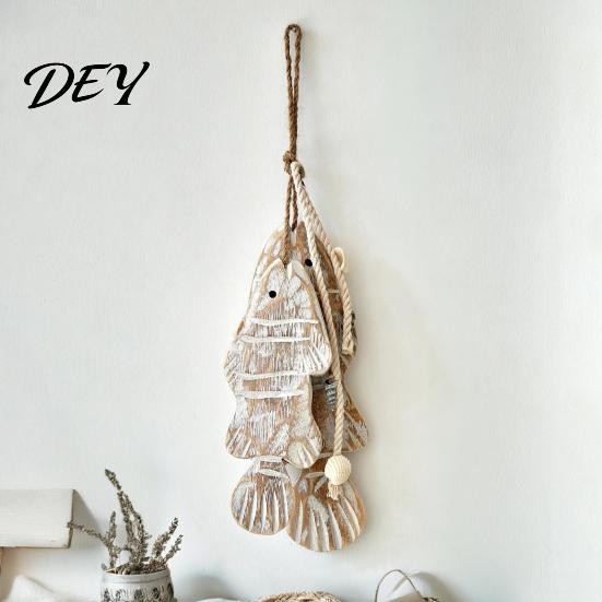 Unique Housewarming Gifts Rustic Nautical Wooden Fish Decor, Coastal Beach Style Wall Hanging Office Decorative Accents Ornament with Fishing Net for