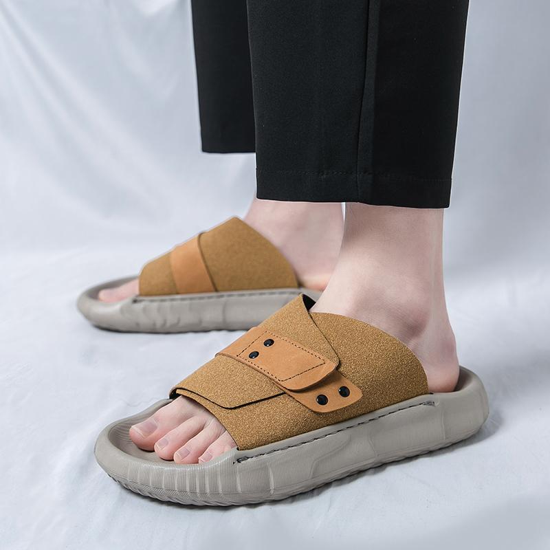 Summer New Brown Black Men's  Comfort Thick-soled Suede Leather Casual Shoes Breathable Beach Sandals Outdoor Slippers