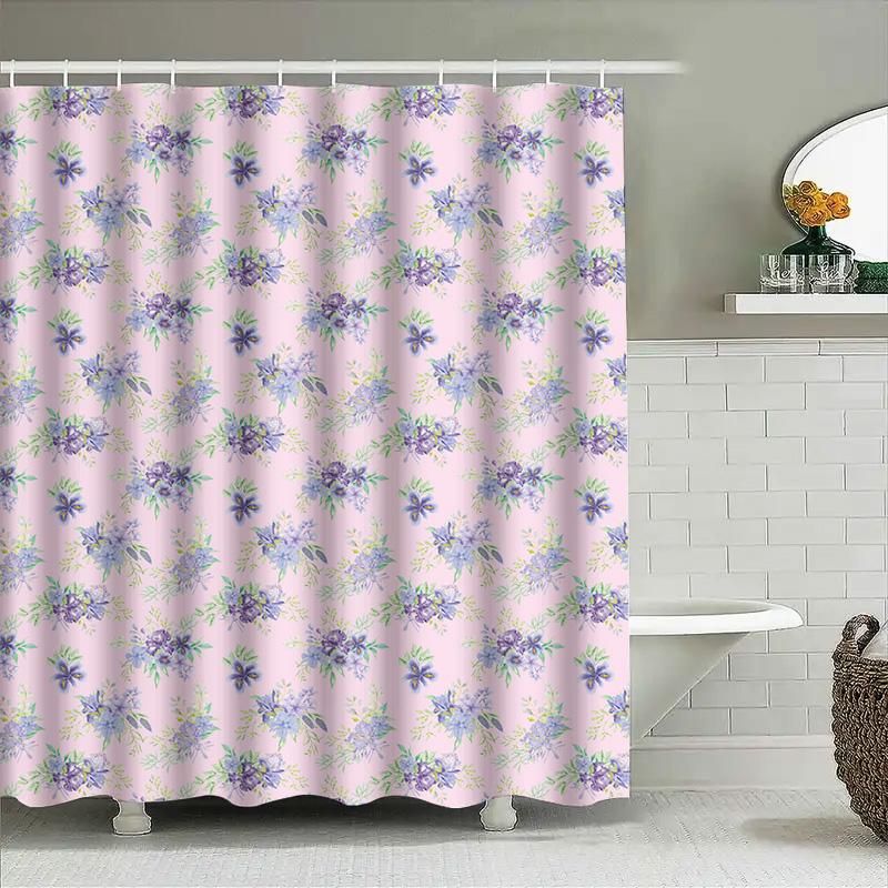 Purple Flower Shower Curtain Waterproof Fabric Decorative Bathroom Accessories Set Bath Towel Rack Hooks For Home Kitchen Sink S