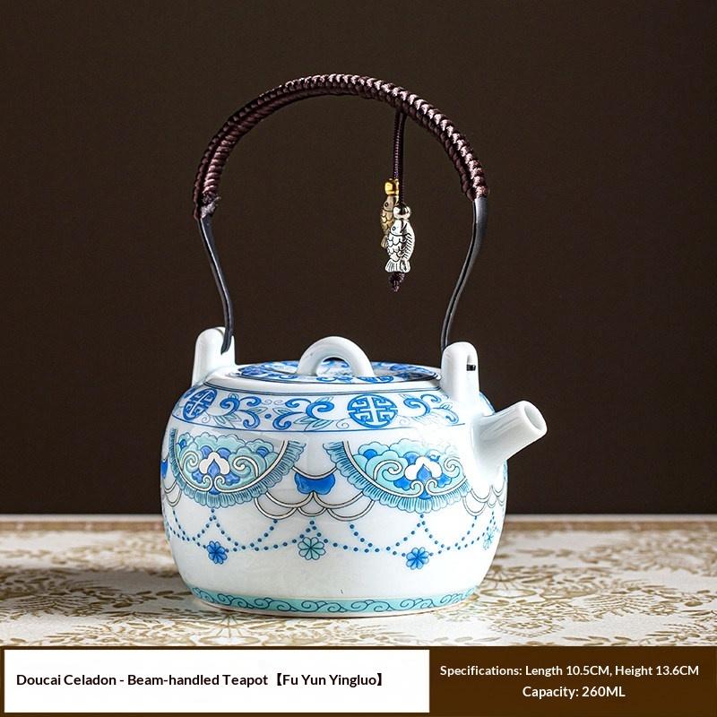 

Doucai Blue-and-white Phoenix Crown Pattern Teapot with Handle Single Pot Ceramic Chinese-style Tea Ware Tea Kettle Tea Infuser