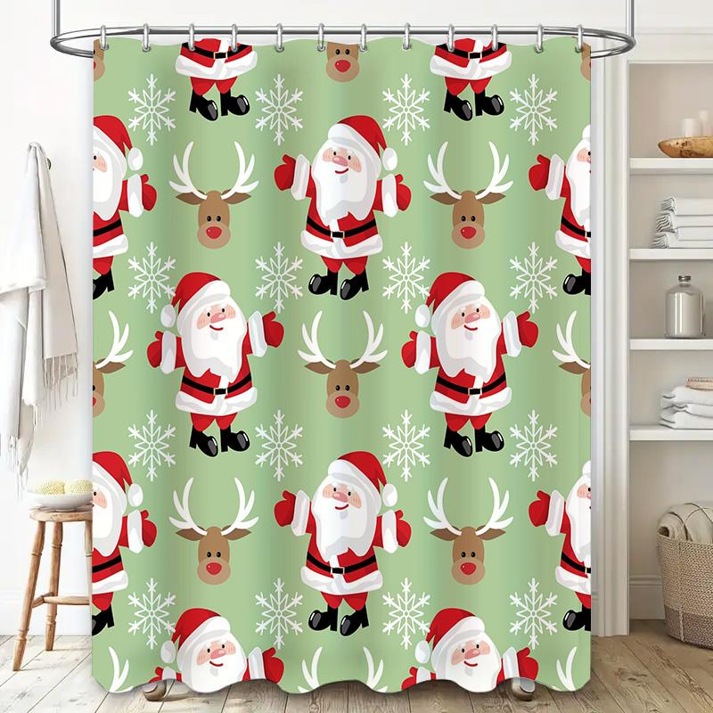 Santa Claus Reindeer Christmas Shower Curtain Set for Bathroom Decor Green Snowflake Pattern Bath Mat Tissue Holder 24 Hooks Non