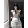 Preppy dress women's summer niche bow small flying sleeve cake puffy short skirt