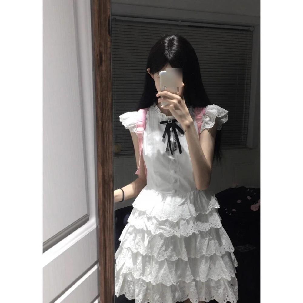 Preppy dress women's summer niche bow small flying sleeve cake puffy short skirt