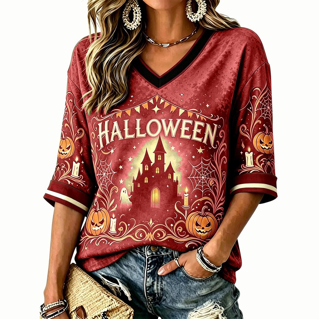 Women's Halloween Printed V-Neck Short Sleeve T-Shirt Casual Top