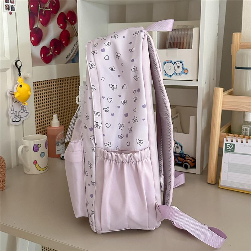 Cute Heart and Bow Print School Backpack with Front Pocket Top Handle Casual Daypack for Girls Students