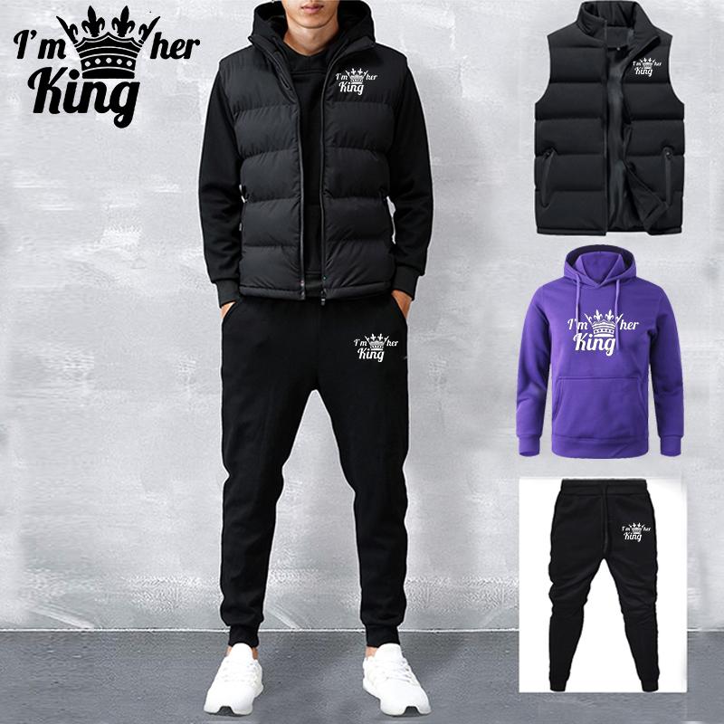 Men's Tracksuit New Autumn and Winter Solid Color  Printed Hoodie + Vest + Pants Three-piece Set Couple Casual Sportswear