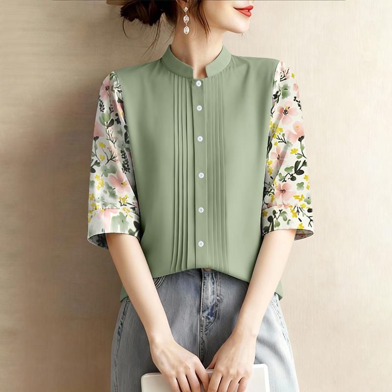 ZANZEA Women Floral Print Splice 3/4 Sleeve Loose Casual Blouse
