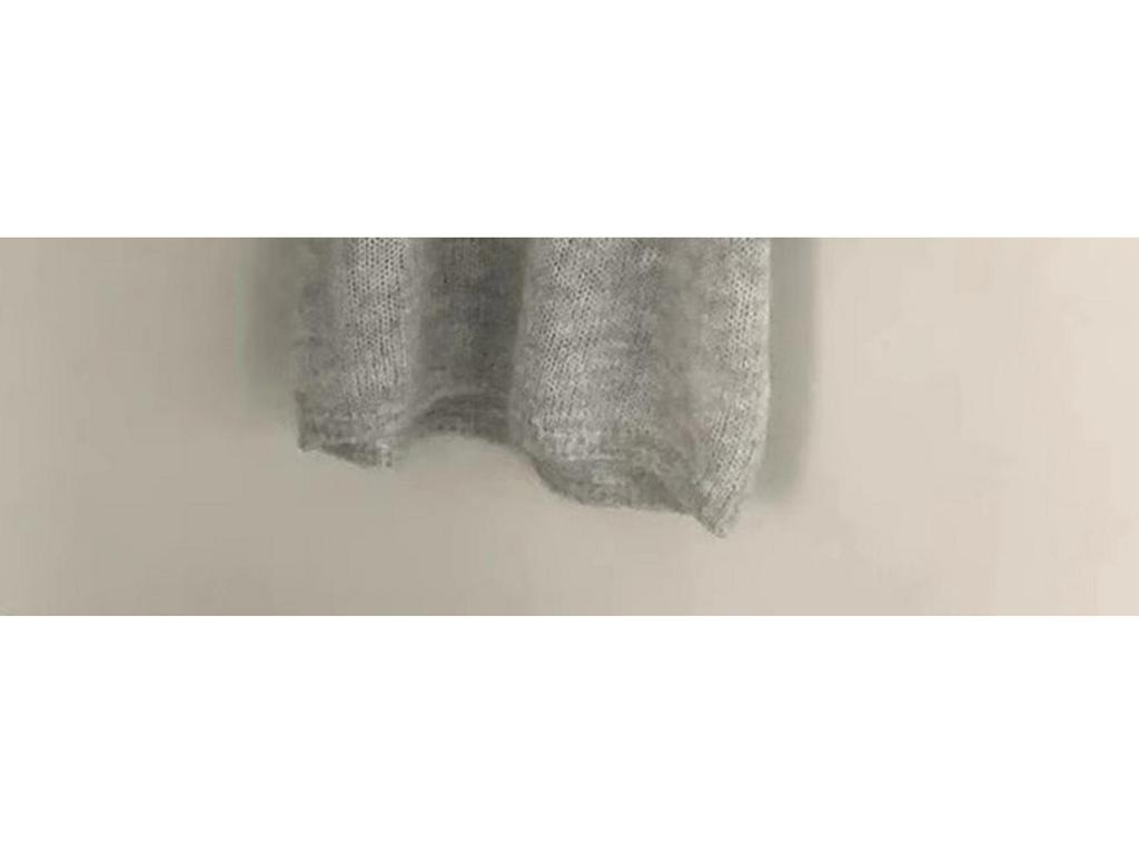 Women's Light Gray Puff Sleeve Mohair Sweater - Autumn/Winter, Round Neck, Short Sleeve Knit Top.