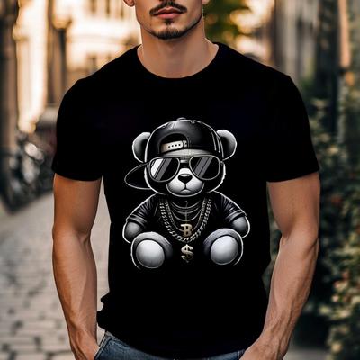 Camiseta de Verano para Hombre con Estampado Digital 3D de Oso Negro de Cuello Redondo y Manga Corta