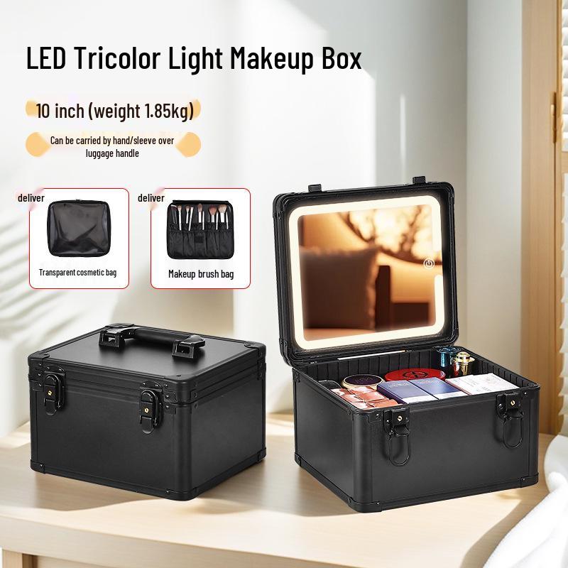 Portable Makeup Case with Mirror & Lights, Handheld Cosmetic Storage, Professional Makeup Artist's Hanging Suitcase.
