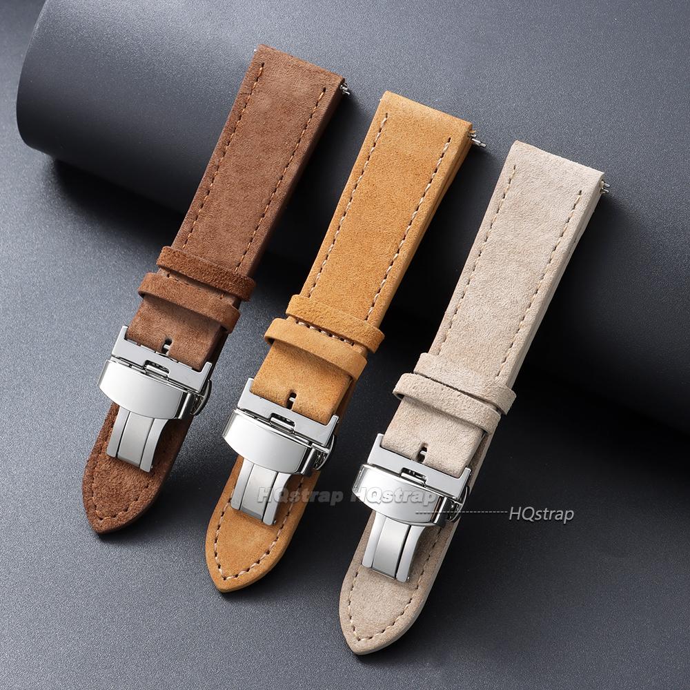18mm 19mm 20mm 22mm Vintage Suede Cowhide Watch Strap Butterfly Buckle Handmade Stitching Soft Watch Band Quick Release Bracelet