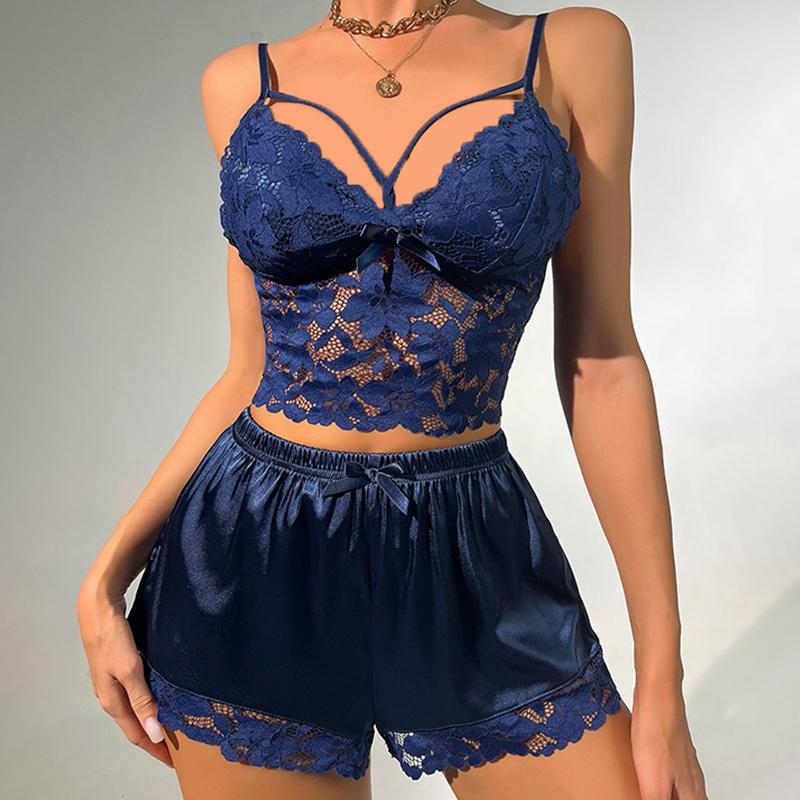 

Летний повседневный сексуальный кружевной облегающий домашний жилет с шортами пижамный комплект для женщин XXL синий
